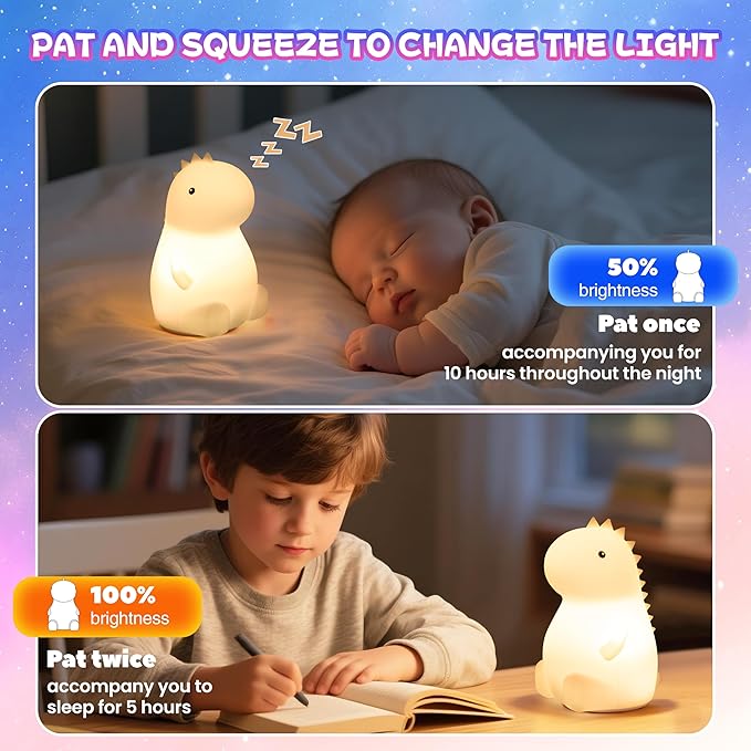 loatme Night Light for Kids, Rechargeable Dimmable Silicone LED Nightlight with 7 Colors, Baby Nursery Night Lamp, Touch Squishy Lamp, Cute Gifts for Girls, Boys, Toddler Room Decor, Dinosaur