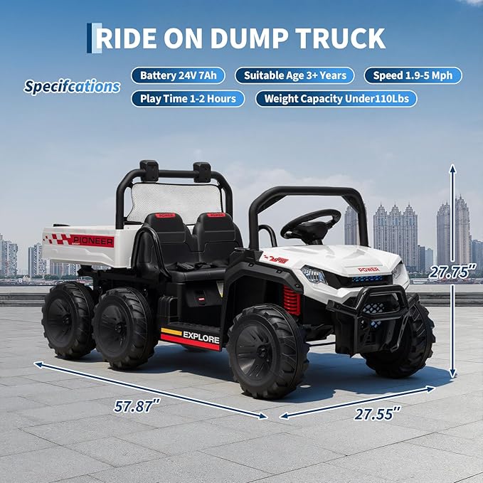 24V 4WD Electric Ride-on Dump Truck for Kids, 2-Seater with Parental Remote Control, 3 Speeds, All-Terrain Off-Road Toy Car for Boys Girls, White