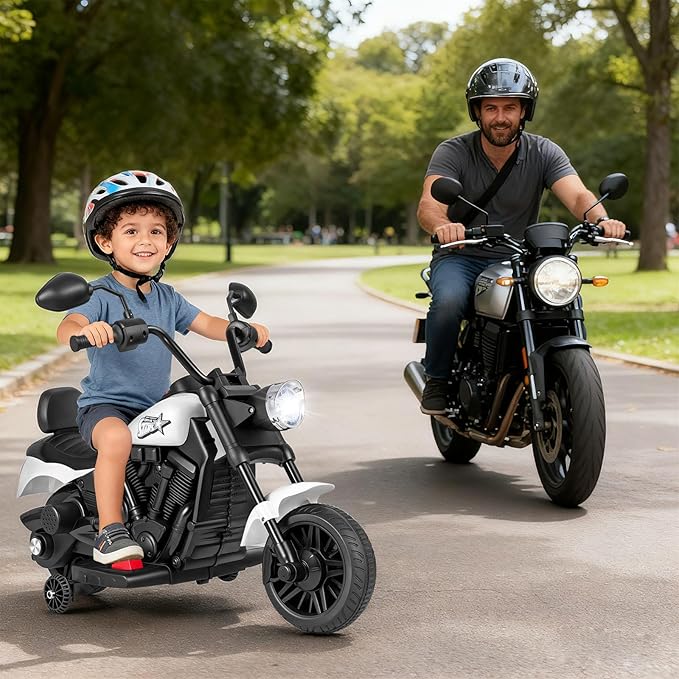 HONEY JOY Toddler Motorcycle, 6V Battery Powered Electric Motorcycle for Kids, Detachable Training Wheels, Music, Foot Pedal, Headlights, Forward/Backward, 3-Wheel Ride On Toy for Boys Girls (White)