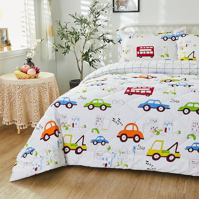 Brandream Kids Comforter Set Twin Size Cotton Boy Quilt Set 3-Piece Cars Trucks Bedding Set Collection Soft