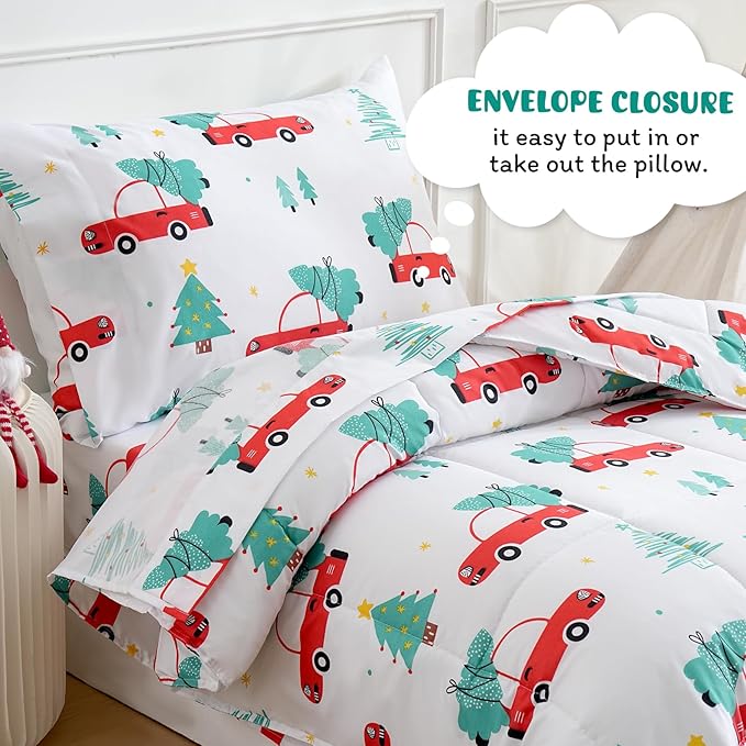JSD Red Cars Christmas Tree Toddler Bedding Set, 4 Piece Bed-in-Bag Comforter Sheet Set, Machine Washabale Comfortable