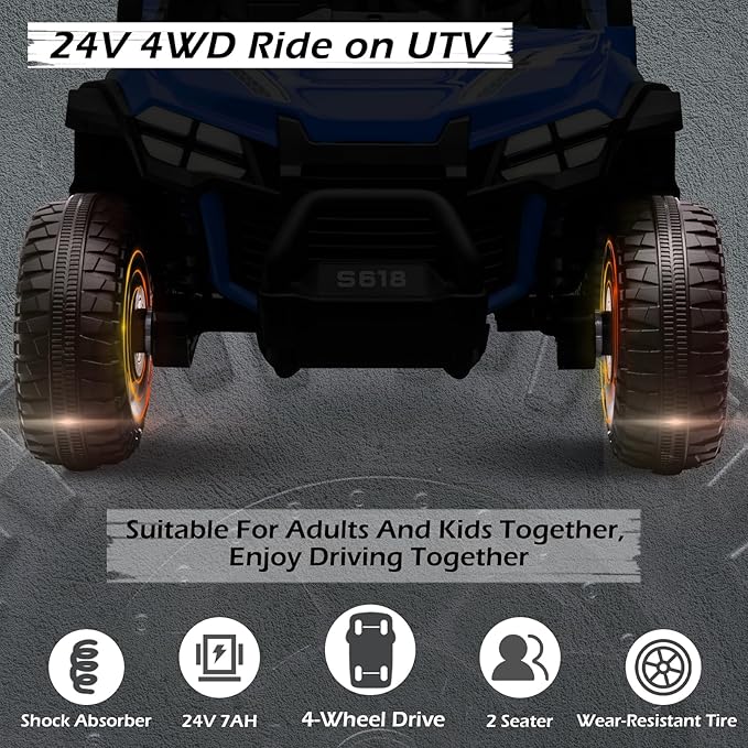 MOLACHI 24V 2 Seater Kids Ride on UTV Car,4WD Battery Powered Electric Vehicle for Kid,Ride On Truck with Remote Control,Safety Belts,3 Speeds (Blue)