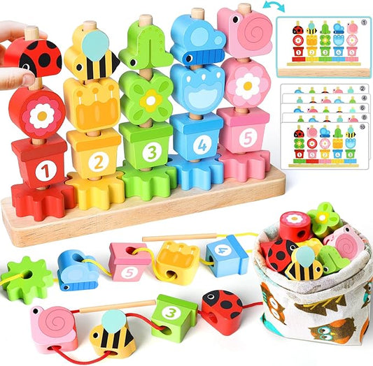 Toys for 2 3 4 Year Old Girl Boy, Wooden Montessori Toys for Ages 2-4 Toddler, Birthday Gifts for Girls Age 2 3 Stacking Blocks & Lacing Beads Sequence for Kids, Toddlers Preschool Learning Activities