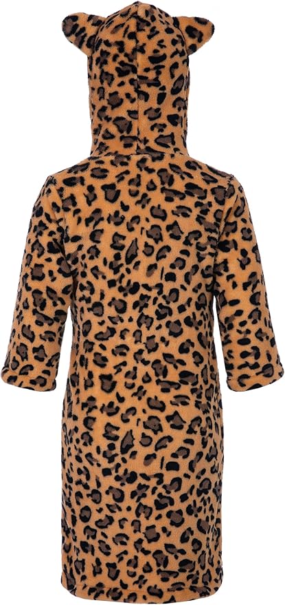Kids Toddler Cartoon Hooded Plush Robe Leopard Pajamas Fleece Bathrobe Children Sleepwear