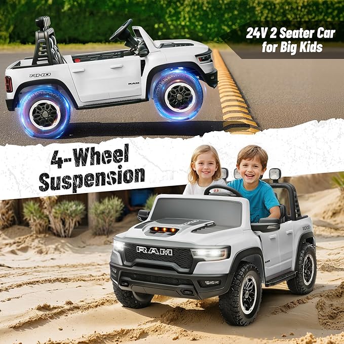 Electric Car for Kids, Licensed Ram 1500 RHO, 24V Ride on Toys for Big Kids, Battery Powered with Parent Remote Control, LED Light/Music/MP3, Back Storage, White, Roll Bar