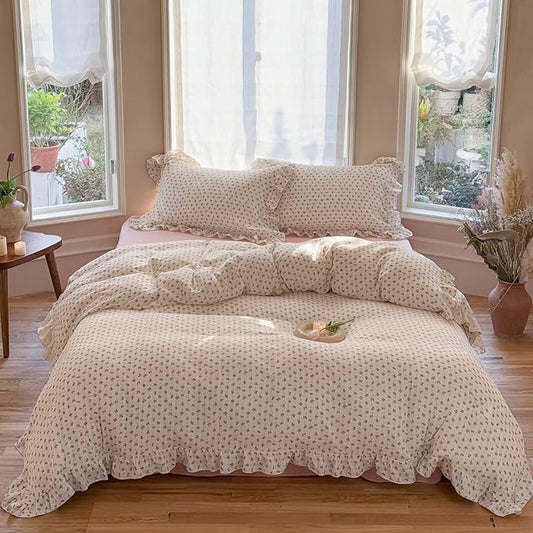 BuLuTu Vintage Bellflower Print Duvet Cover for King Bed, Soft Lightweight Muslin Cotton Bedding Quilt Cover 90"x104", Floral Ruffled Comforter Cover Zipper Closure, 4 Ties, No Pillow