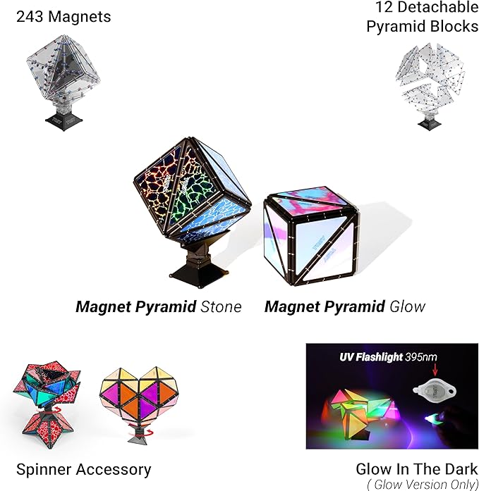 TOSY Magnet Pyramid Stone - 1 Cube Transforms into 1 Billion Shapes, 14 pcs (12 Puzzle pcs and 2 Spinners), 243 Magnets, Christmas Stocking Stuffers Gift for Kids, Creative Puzzle STEM Toy, 3-Pack