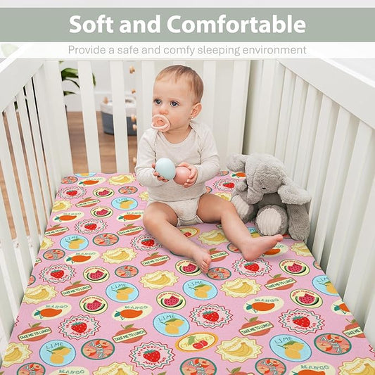 Fruits Summer Preppy Baby Crib Sheets for Girl 52x28Inch Cute Tropical Fruits Stamp Soft Snug Fitted Crib Mattress Cover Retro Summer Beach Nursery Baby Sheet for Standard Crib & Toddler Bed Mattress