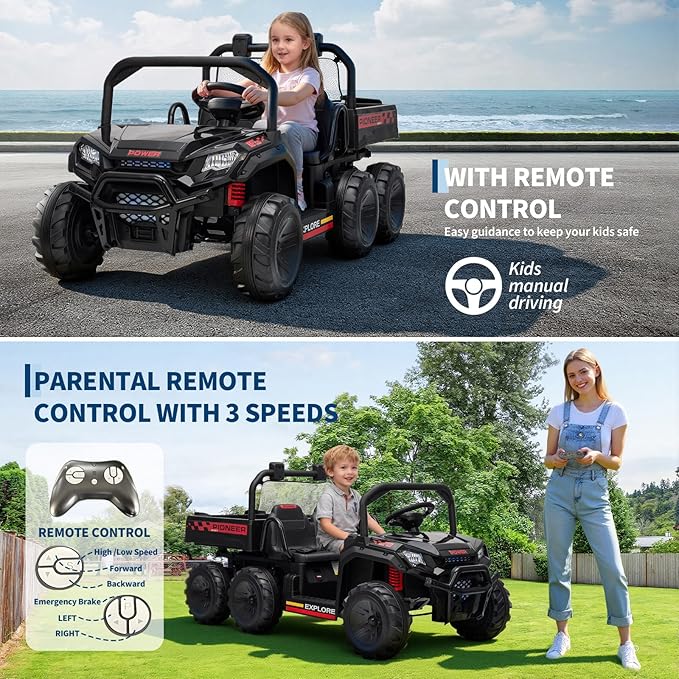 24V 4WD Electric Ride-on Dump Truck for Kids, 2-Seater with Parental Remote Control, 3 Speeds, All-Terrain Off-Road Toy Car for Boys Girls,Black