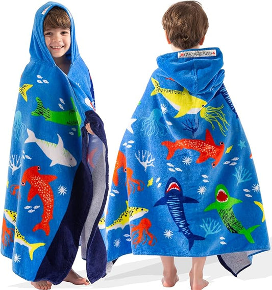 VOOVA & MOVAS Hooded Towel for Toddlers 3-8 Years,30''X50'',Soft | Thick | Cotton | Absorbent | Large Beach | Pool | Bath | Swim Towels | Cover up for Boys, Shark Fish