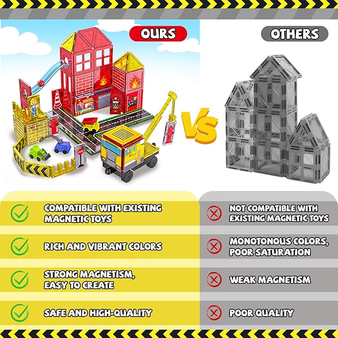 Magnetic Tiles for Kid, 56PCS Construction Magnet Tiles with Fire Truck & Station, Building, Road, Crane, and Car Toys - Educational Travel Magnetic Tiles for Kids Ages 4-8, STEM Toys for 3+ Year Old