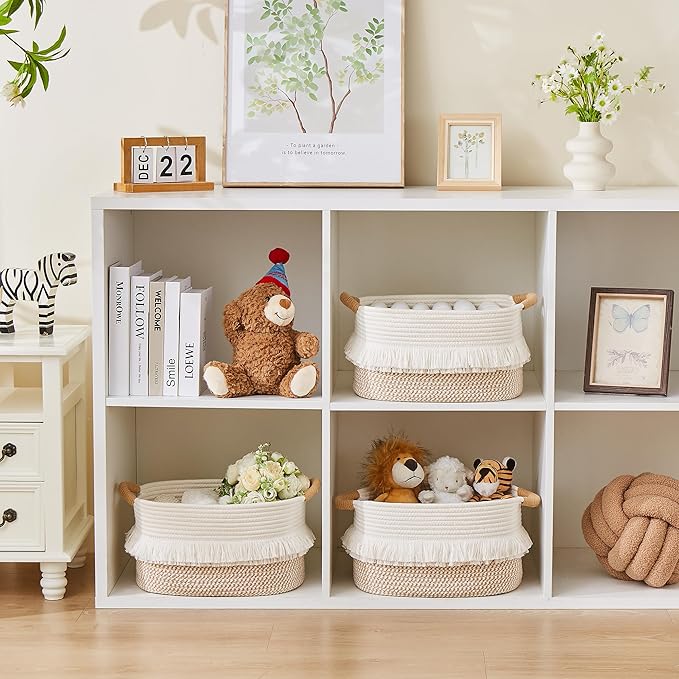 BUBUSUN Storage Bins Woven Baskets for Storage Set of 3, Cotton Rope Basket with Handles for Toys/Shelves/Laundry, Rectangle Multi-Purpose Organizer for Living Room, Bedroom, Nursery (White/Brown)
