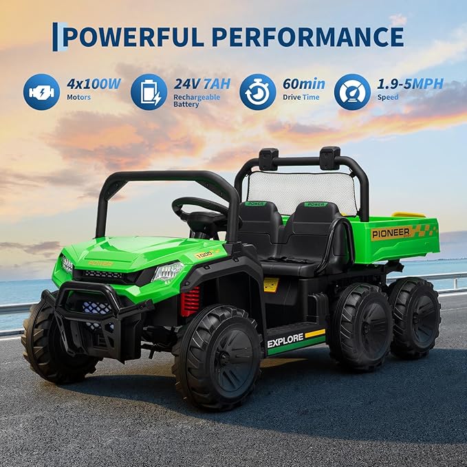24V 4WD Electric Ride-on Dump Truck for Kids, 2-Seater with Parental Remote Control, 3 Speeds, All-Terrain Off-Road Toy Car for Boys Girls, Green