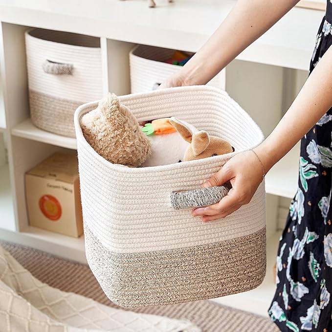 R RUNKA Storage Cube Baskets 3-Pack - 11 inch Square Baskets, Closet & Shelves Organizers - Woven & Drawer Storage - Ideal for Toys | White & Beige