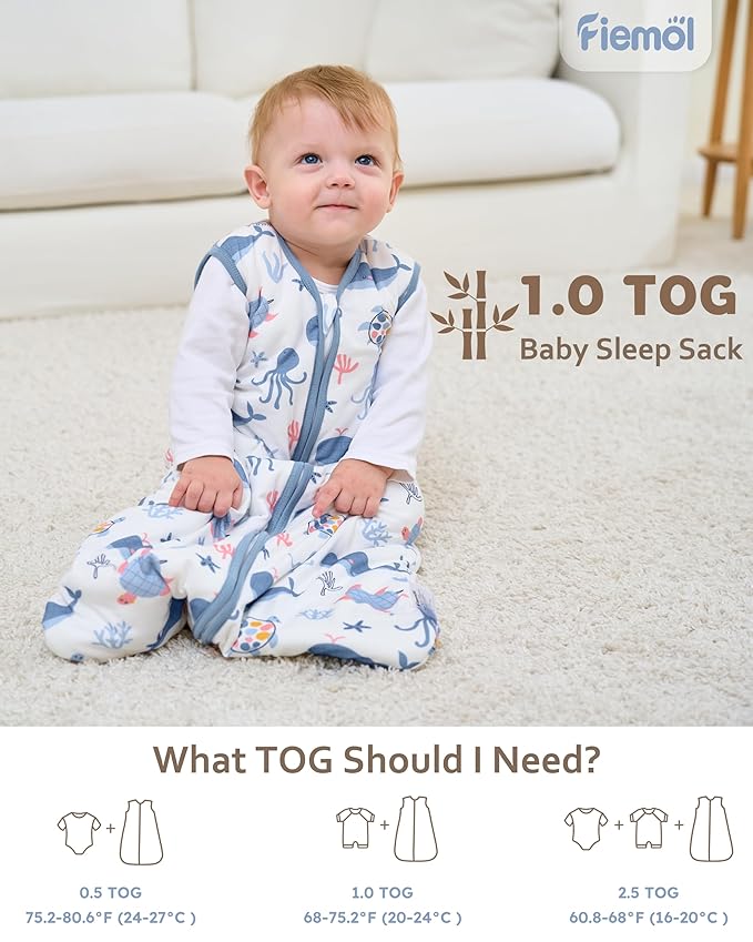 Rayon Made from Bamboo Baby Sleep Sack 6-12 Months, 1.0 Tog Baby Wearable Blanket, Soft Sleeping Bag for Newborn Infant Babies with 2-Way Zipper 2 Pack (Medium) Blue Whale