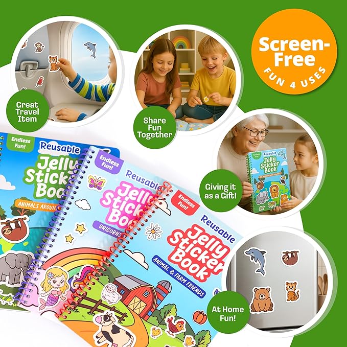 Reusable Sticker Book - Animals - 50 Jelly Stickers for Toddlers & Kids 3-5: Fun Travel Toys, Kids Travel Activities & Easter Gifts for Kids - Sticker Books for Toddlers 3 Years Old 1-3 2-4