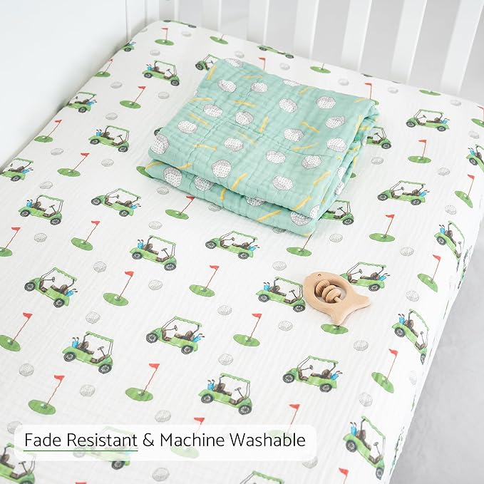 LollyBanks Muslin Crib Sheets 2 Pack, 100% Cotton Neutral Baby Crib Sheets for Standard 52"x28" Mattress, Soft Fitted Sheet for Boys and Girls, Baby Bedding Essentials (Golf Cart and Golf Balls)