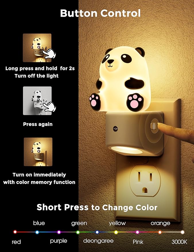 L LOHAS LED Night Light for Kids, 3D Panda Night Light Plug in, Dusk to Dawn Nursery Night Lights, RGB+Soft White 3000K, 3 Lighting Modes, Room Decor, Children