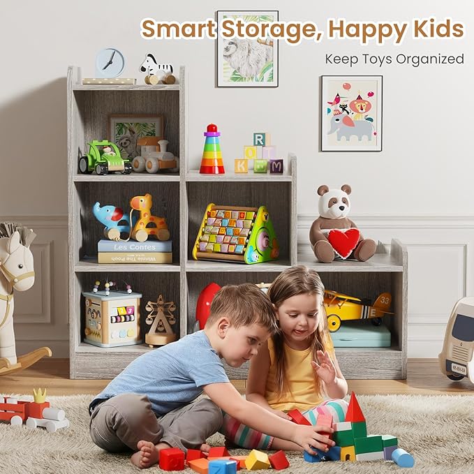 Derfullo Book Shelf, 6-Cube Toy Organizers and Storage, Small Open Floor Montessori Bookcase for Kids Room, Bedroom and Playroom, 35.4" W x 11.8" D x 31.5" H, Grey