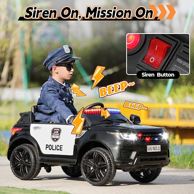 TOBBI Police Car Ride on Electric Car for Kids to Drive Battery Powered Ride-on Toys Cop Cars with Remote Control, Siren, Flashing Lights, Music, Spring Suspension, Carbon Black
