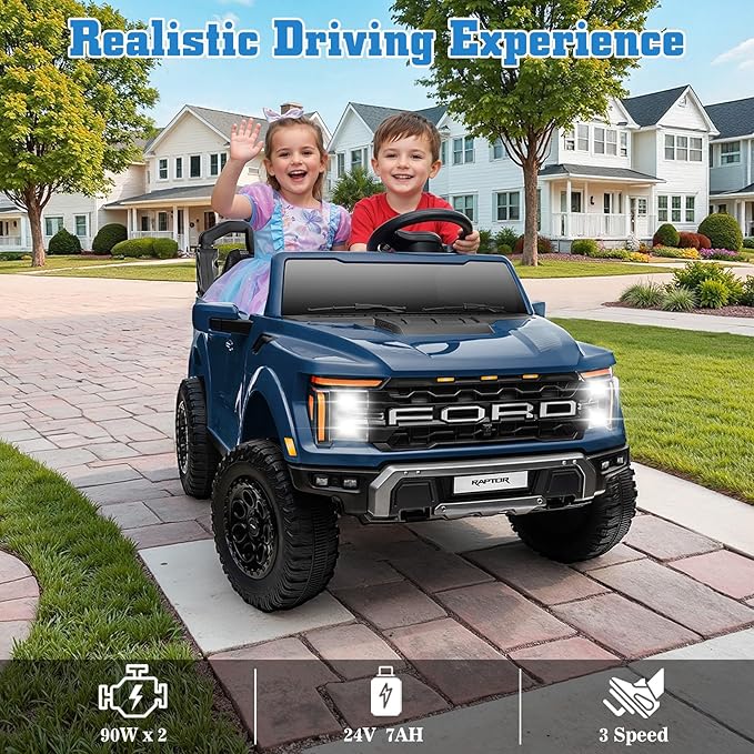 24V Ride on Car Licensed Ford F-150 Raptor, Kids Electric Car with Remote Control, LED Light/Music/MP3, Truck Bed Storage, 3-Point Seat Belt (24V, Blue)