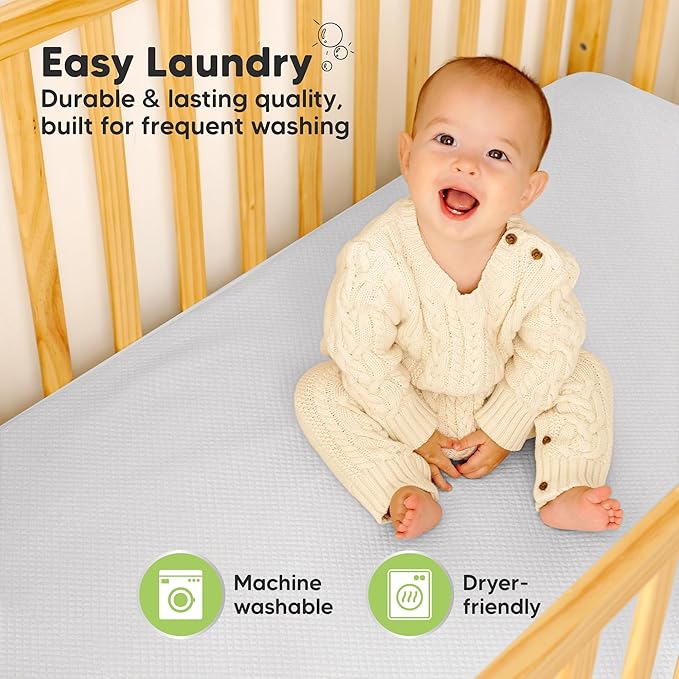 2-Pack Waterproof Crib Mattress Protector Cover Fitted - Quiet Baby Crib Mattress Pad Sheets, 52" x 28" Soft Quilted Cotton Baby Sheet, Machine Washable, Easy Fit, Durable (Pearl Gray/Quin)