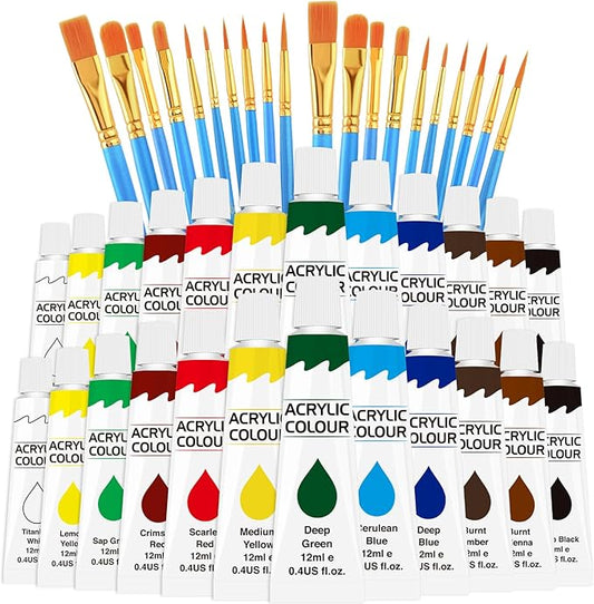 ESRICH Acrylic Paint Set 12 Colors (2 Pack) With 20 Paint Brushes, 24 Acrylic Paints for Adults, Beginner, Professional Artists, Non-Toxic Craft Paint kit for Paper, Canvas, Rock,Wood, Ceramic