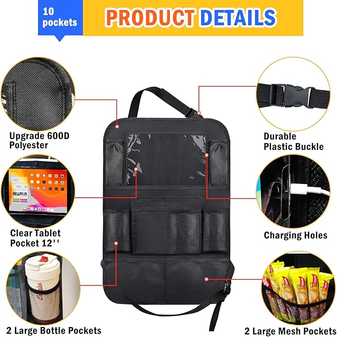 Etre Jeune Backseat Organizer for Car, 2 PCS Seat Back Cover for Kids Toddlers with 10 Storage Pockets & 11″ Tablet Holder, Waterproof Back Seat Protector for Snacks Toys, Travel Accessories