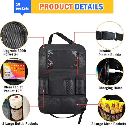 Etre Jeune Backseat Organizer for Car, 2 PCS Seat Back Cover for Kids Toddlers with 10 Storage Pockets & 11″ Tablet Holder, Waterproof Back Seat Protector for Snacks Toys, Travel Accessories