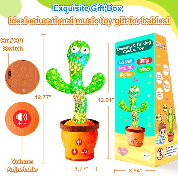 Baby Toys Interactive, Dancing Talking Cactus Toy Volume Adjustable, Mimicking Singing Repeating, Kids Toddler Infant Baby Toys Gifts for Boys Girls, Xmas Gifts for Grandkids, Baby Stocking Stuffers