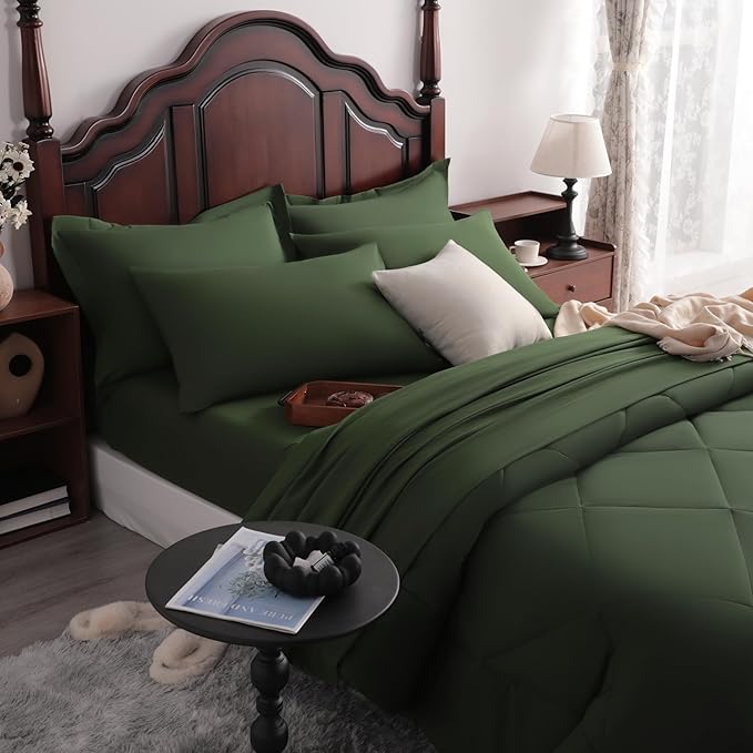 NTBAY King Comforter Set with Sheets, 7 Pieces Soft and Breathable King Bedding Set, Bed in a Bag, Down Alternative Comforter Set Solid Color All Season, King Bedding Set, Olive Green