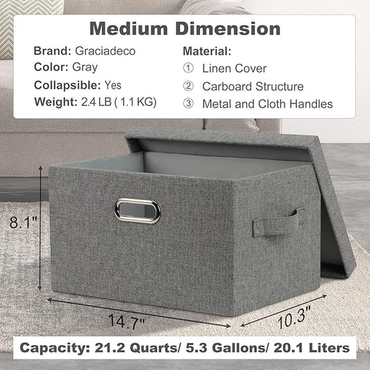 Graciadeco Medium 15" 21 Quart Collapsible Stackable Storage Bins with Lids, 3 Packs Grey Foldable Fabric Closet Boxes Heavy-duty Linen Cube Baskets Container for Bedroom Office (15 x 11 x 8)