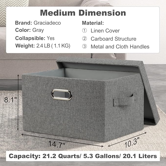 Graciadeco Medium 15" 21 Quart Collapsible Stackable Storage Bins with Lids, 5 Packs Grey Foldable Fabric Closet Boxes Heavy-duty Linen Cube Baskets Container for Bedroom Office (15 x 11 x 8)