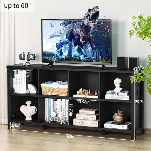 Joaxswe 8 Cube Book Shelf, Farmhouse Wood Long Storage Organizer Bookcase, 62" Horizontal Black Console Closet Bookshelf, Hallway TV Stand for Entryway, Display Cabinet Book Case for Living Room