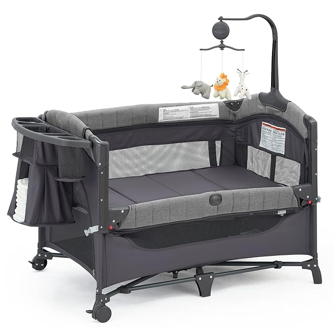 Baby Bedside Bassinet Sleeper,5-in-1 Pack and Play with Full-Size Bassinet,Baby Playard with Changing Table,Storage Shelf,Music Mobile with Soft Toys for Newborn to Toddlers (Grey)