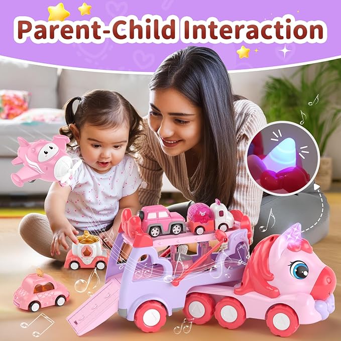 Toys for 2 3 Year Old Girl Truck, 7-in-1 Girl Carrier Truck Car with Light & Sound, Toddler Girl Car Toys Age 2-4, Cars for 2+ 3+ Year Old Girls Birthday