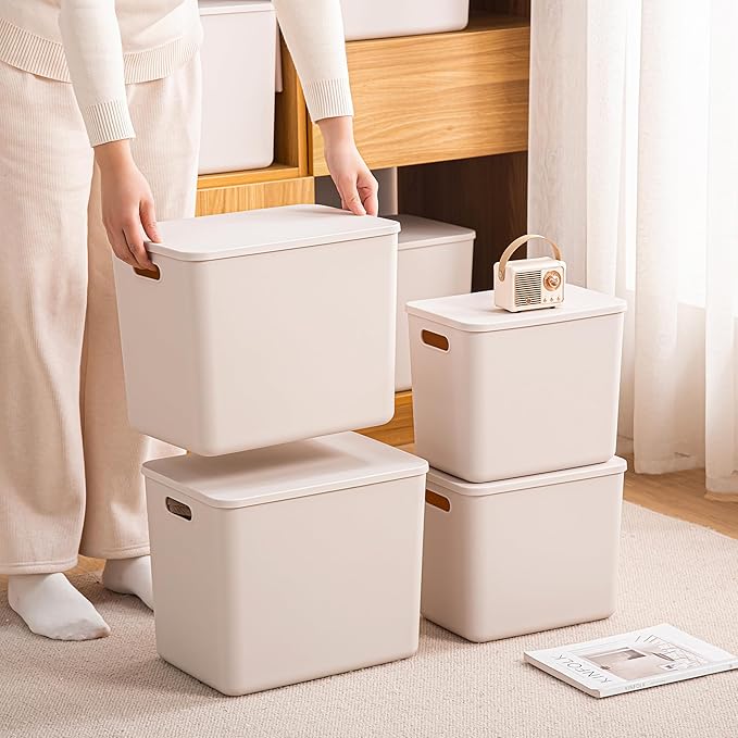 GUMEIGODA Plastic Storage Bins with lids,Storage Baskets,Container with handle,Storage Organizer Bins for Shelves,Office,Bedrooms,Closets, Cabinets(Grey，5XL+2L)