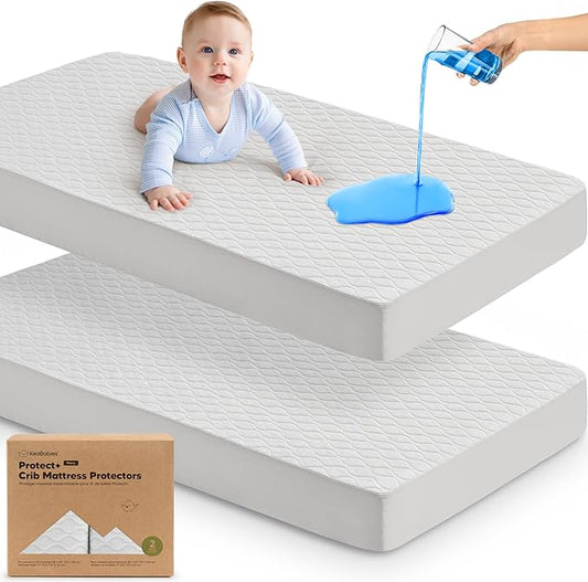 2-Pack Waterproof Crib Mattress Protector Cover Fitted - Quiet Baby Crib Mattress Pad Sheets, 52" x 28" Soft Quilted Cotton Baby Sheet, Machine Washable, Easy Fit, Durable (Pearl Gray/Mavy)