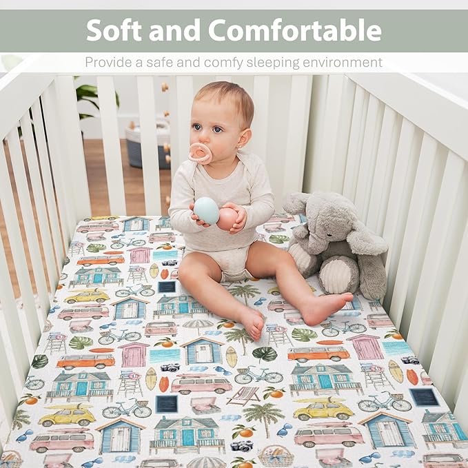 Watercolor Summer Travel Baby Crib Sheets Boy Girl 52x28Inch Boho Hippie Beach House Surfboard Palm Car Soft Snug Fitted Crib Mattress Cover Beach Days Baby Sheet for Standard Crib & Toddler Mattress