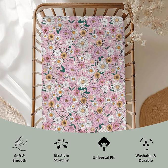 Spring Boho Floral Baby Crib Sheets for Boy Girl 28"x52" Neutral Pink Flowers Leaves Soft Stretchy Fitted Crib Mattress Cover Pastel Peony Daisy Nursery Baby Sheet for Crib & Toddler Bed Mattresses