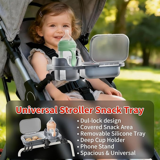 btrfe Universal Stroller Snack Tray, 3-in-1 Cup Holder Tray with Clamp & Silicone Arms Grip & Detachable Silicone Tray, Stroller Tray Attachment for Toddler & Kids, Snacking On The Go