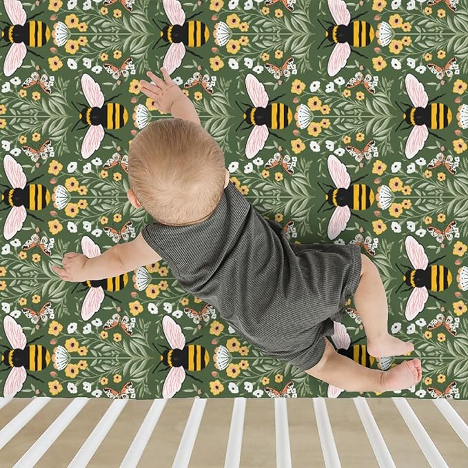 Bee Honey Garden Green Baby Crib Sheets for Boy Girl 52"x28" Boho Floral Bees Honey Butterflies Soft Snug Fitted Crib Mattress Covers Spring Summer Baby Sheet for Standard Crib & Toddler Bed Mattress