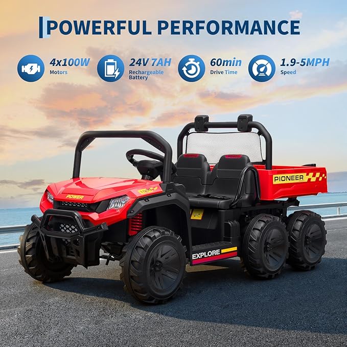24V 4WD Electric Ride-on Dump Truck for Kids, 2-Seater with Parental Remote Control, 3 Speeds, All-Terrain Off-Road Toy Car for Boys Girls, Red