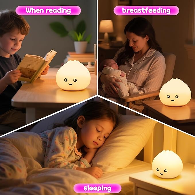 loatme Night Light for Kids, Rechargeable Dimmable Silicone LED Nightlight with 7 Colors, Baby Nursery Night Lamp, Touch Squishy Lamp, Cute Gifts for Girls, Boys, Toddler Room Decor, Dumpling