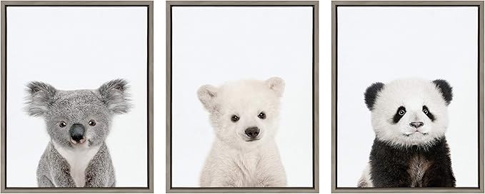 Kate and Laurel Sylvie Three Bears Framed Canvas Wall Art by Amy Peterson, Set of 3, 18x24 Gray, Adorable Baby Animal Art