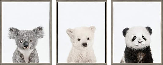 Kate and Laurel Sylvie Three Bears Framed Canvas Wall Art by Amy Peterson, Set of 3, 18x24 Gray, Adorable Baby Animal Art