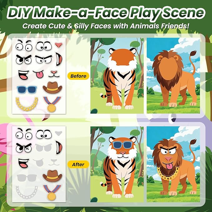 Animals Reusable Sticker Book for Toddlers, DIY Make-a-face Animals Fun Jelly Stickers, Washable Puffy Stickers for Kids Toys, Airplane Road Trip Travel Activities Essentials for Kids 3 4 5 Years