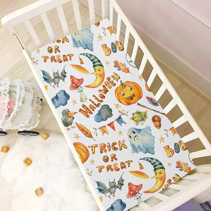 Watercolor Halloween Party Crib Sheets Soft Breathable Fitted Baby Crib Sheets Mattress Cover for Girl Boys, 52" x 28" x 9"