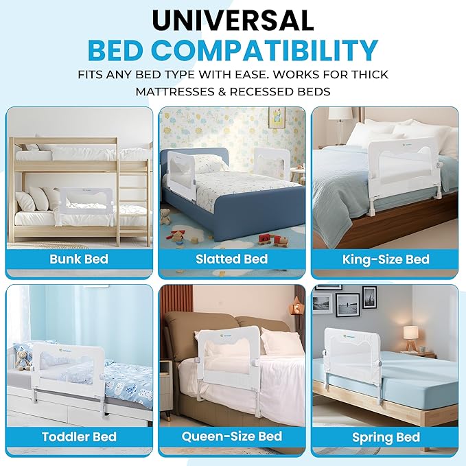 TotCraft FlexGuard Adjustable Length & Height Bed Rail for Toddlers – Fits Twin, Full, Queen & King Beds – 35.5″ or 59″ Two Fixed Lengths – 14 Height Levels – ASTM Certified Kids Safety Guard (White)