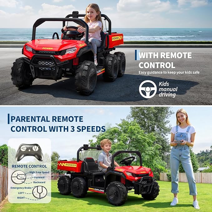 24V 4WD Electric Ride-on Dump Truck for Kids, 2-Seater with Parental Remote Control, 3 Speeds, All-Terrain Off-Road Toy Car for Boys Girls, Red